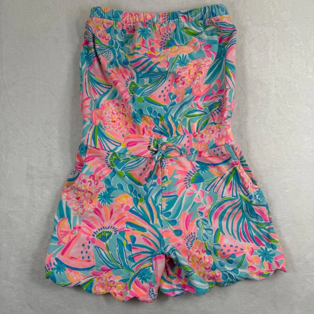 Lilly Pulitzer Donna Strapless Romper XS Pink Blue Floral Scalloped French Terry